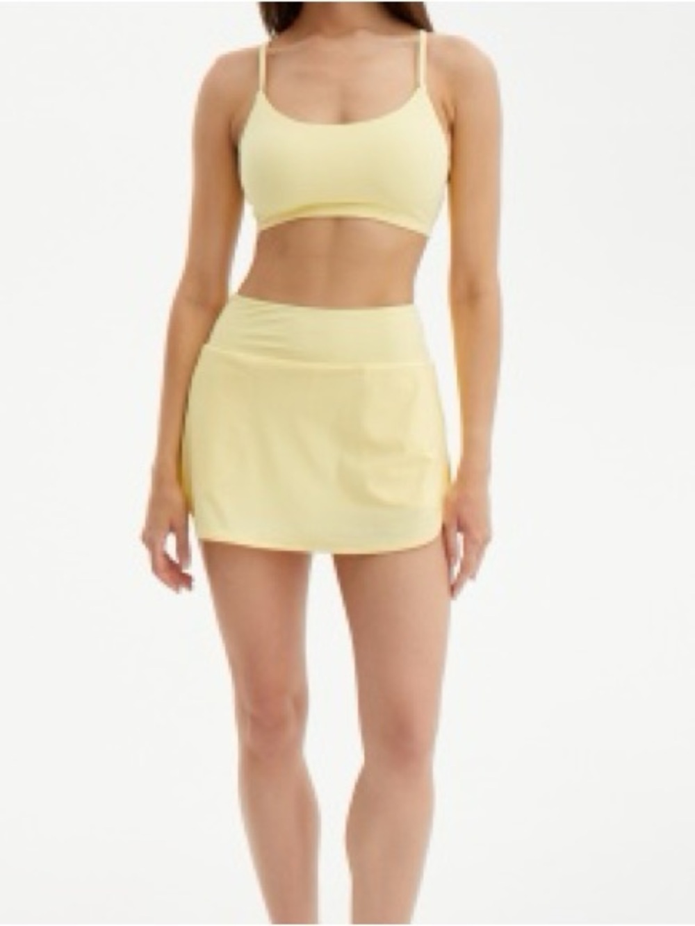 Fabletics Butter Yellow Strappy Bralette and Mini Skort Set